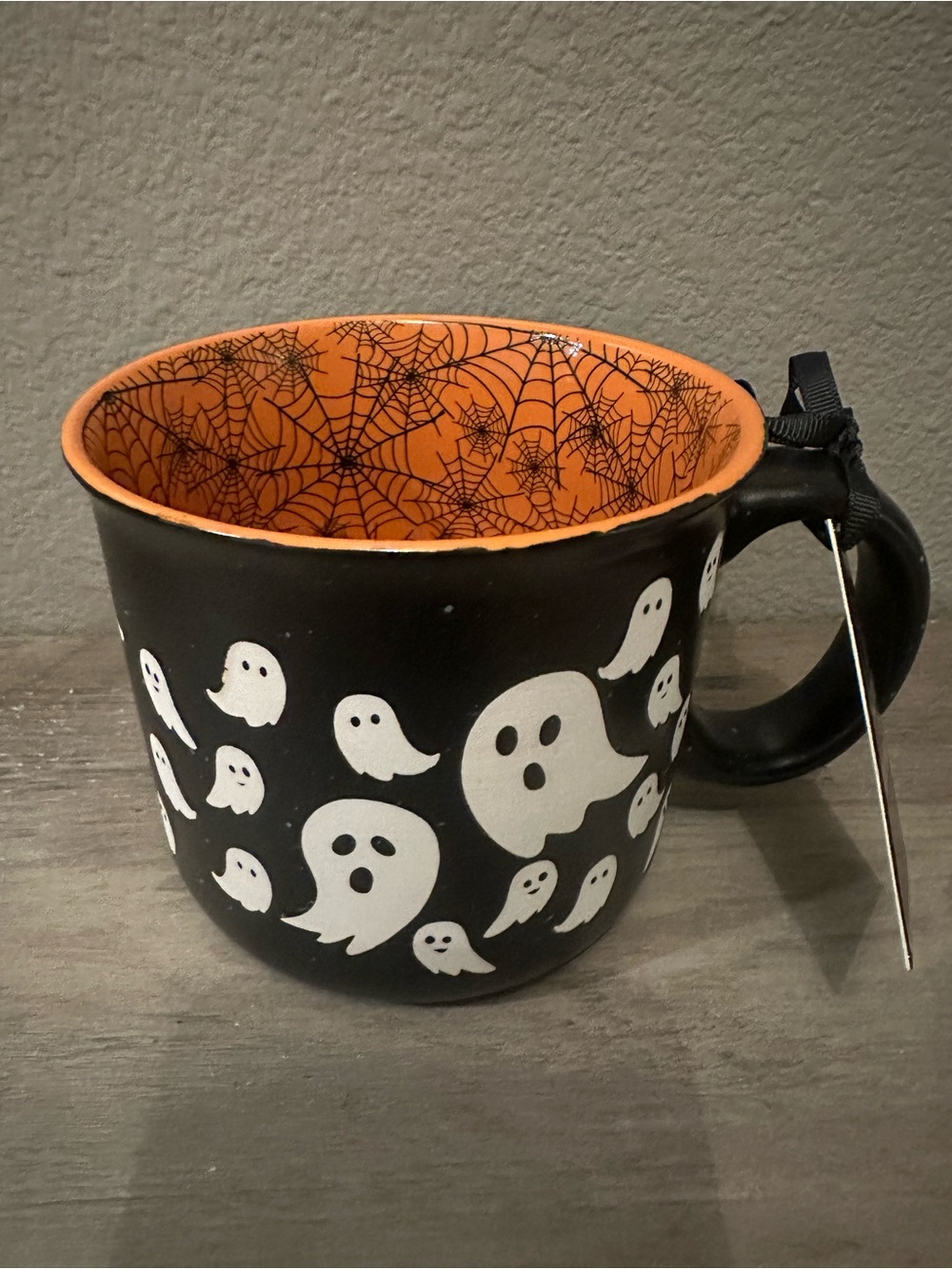 Cobwebs & Cauldrons Ghost Print Halloween Mug with Orange Spiderweb Interior
